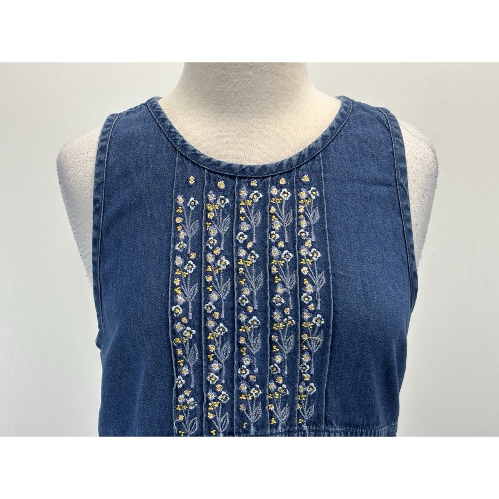 Vtg Erika & Co Denim Jumper Midi Dress Women's S Blue Floral Embroidered Cottage - Picture 5 of 6